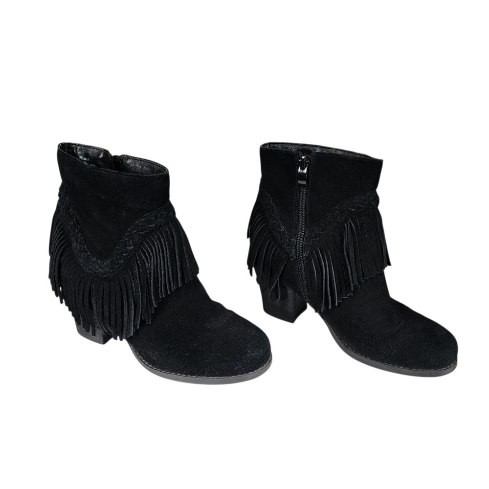 Sbicca Ankle Boots 6 Women Black Suede Leather Fringe Western Boho Cowgirl 2.5"
